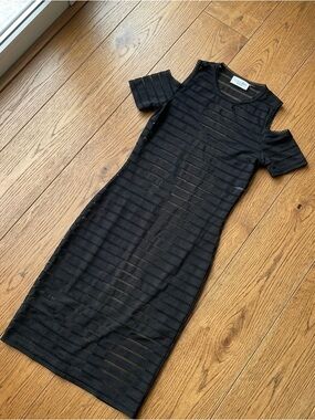 NWOT Calvin Klein Black Mesh Stripe Cold Shoulder Cover-Up Dress